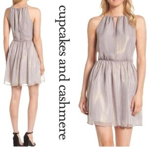 METALLIC SHIMMER HALTER TOP MINI DRESS Size 4 Cupcakes & Cashmere Champagne Gold